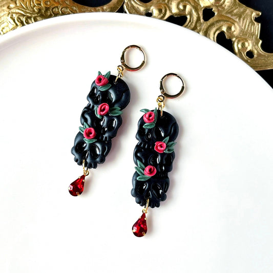 Gothic Skulls Earring, Flowers, Polymer Clay Earrings, Skull Clay Jewelry, Skull Gifts for Women, Dark Academy