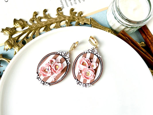 Camafeos Rayas Flores, Pendientes Vintage Moderno de Arcilla Polimérica, Flores Hechas a Mano, Estilo Victoriano, Regalo Cameo Grande