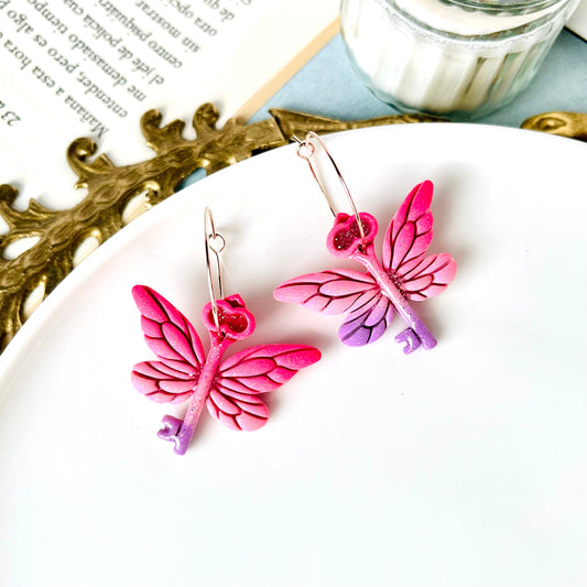 Flying Key Hoop Earring, Polymer Clay Butterflies, Fantasy Jewelry, Fairy Tales, Butterfly Jewelry, Original Gifts for Women, Fantasy Gift