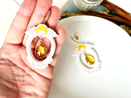 Cherub Frame Earrings, Large Amber Crystal, Polymer Clay Earrings, Seraph Jewelry, Angel Earrings, Unique Gift, Religious Jewelry Gift