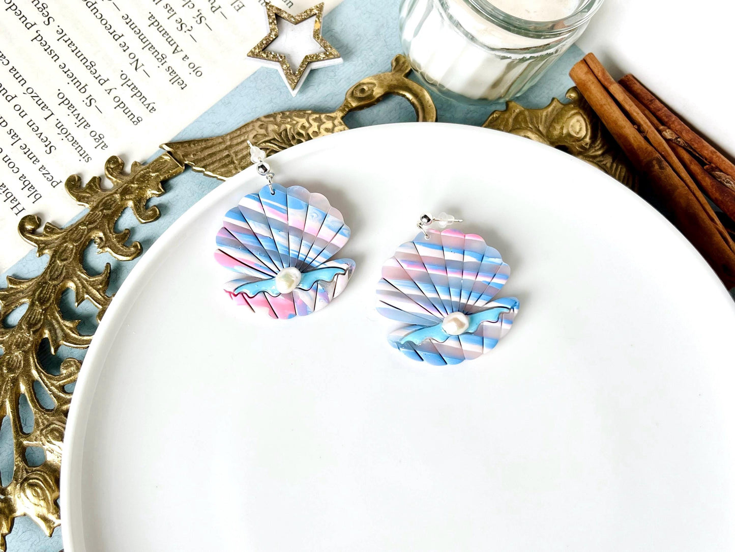 Shell Pearl Earrings, Polymer Clay Jewelry, Marble Shell Earrings, Pearl Gifts, Gift for Sea Lover, Shell Gifts for Women