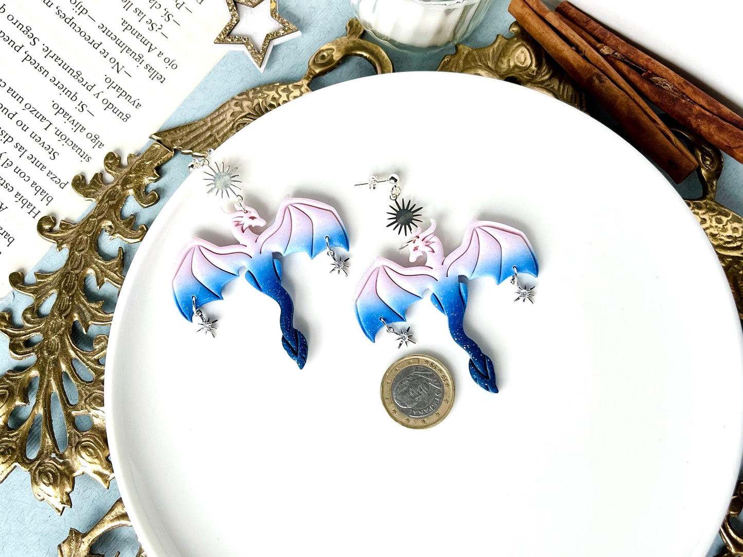 Big Dragon Earrings, Feathered Tail Dragon, Magical Creatures, Dragon with Stars, Dragon Lover Gifts, Big Dragon Jewelry, Dragon Gift