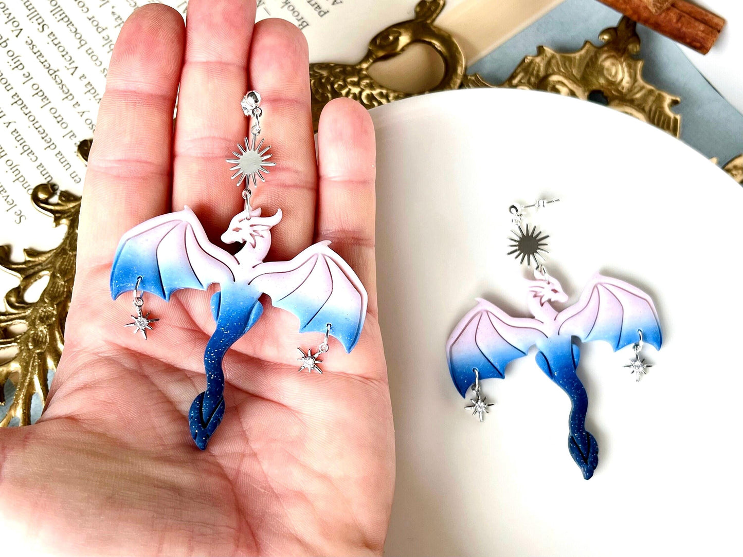 Big Dragon Earrings, Feathered Tail Dragon, Magical Creatures, Dragon with Stars, Dragon Lover Gifts, Big Dragon Jewelry, Dragon Gift