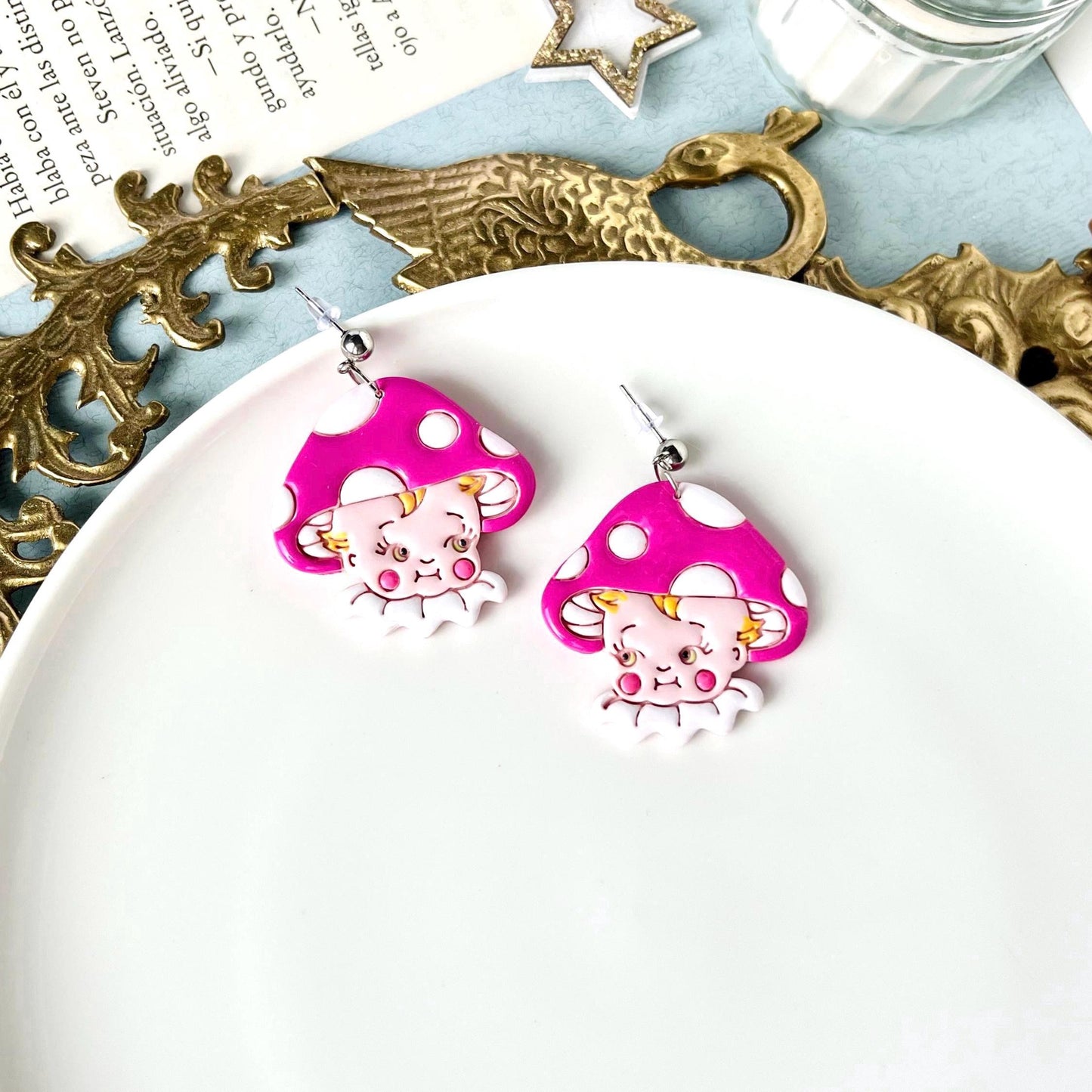 Mushroom Kewpie Earring, Retro Doll Earrings, Original Polymer Jewelry, Mushrooms, Hand-Painted, Kewpie Gift for Women