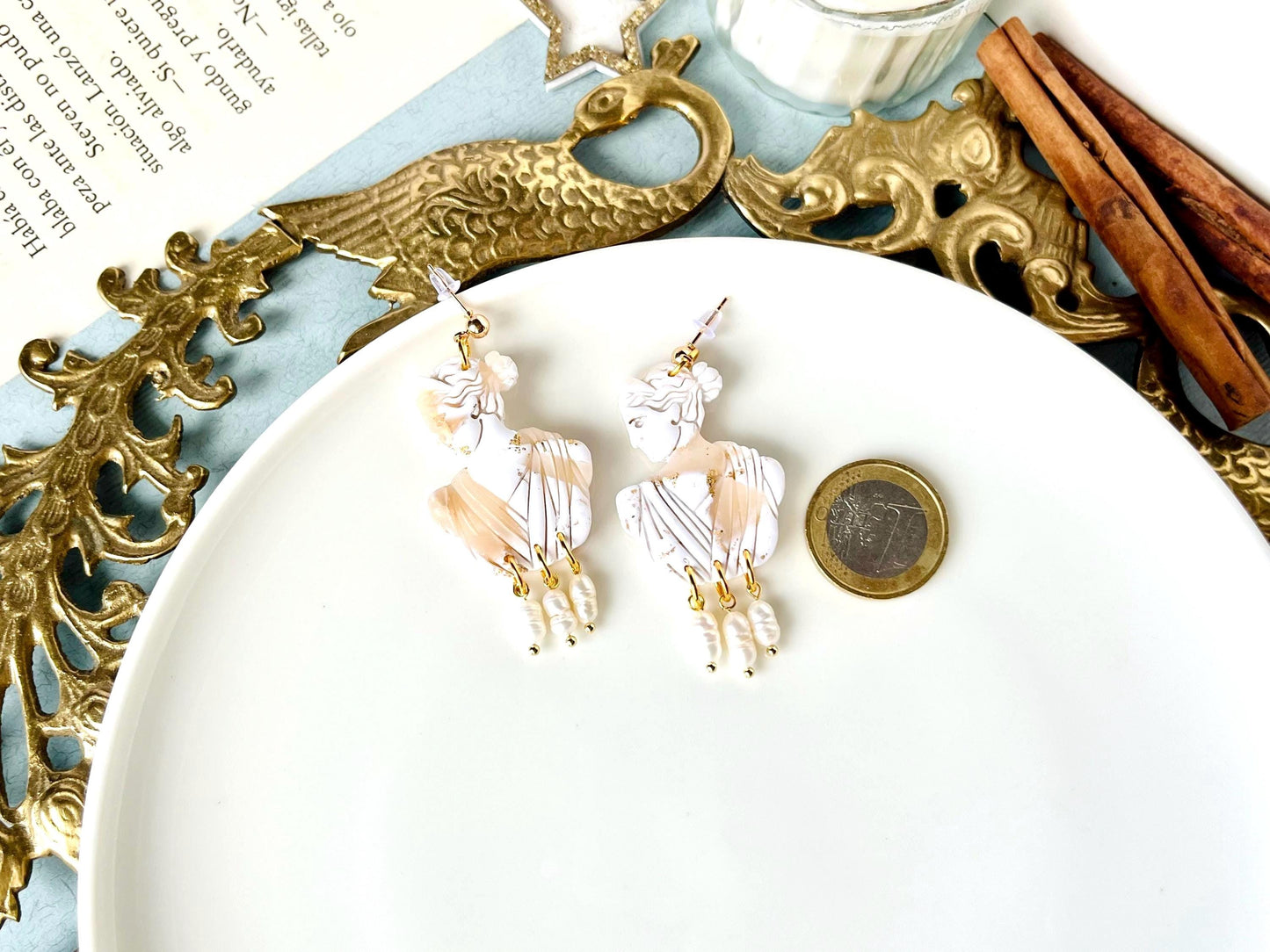 Greek Goddess Earrings, Artemis, Greek Unique Jewelry, Pearl, Gold Leaf, Greek Mythology, Greek Gifts for Women, Clay Jewelry