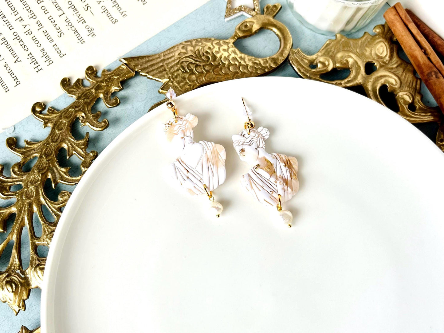 Greek Goddess Earrings, Artemis, Greek Unique Jewelry, Pearl, Gold Leaf, Greek Mythology, Greek Gifts for Women, Clay Jewelry