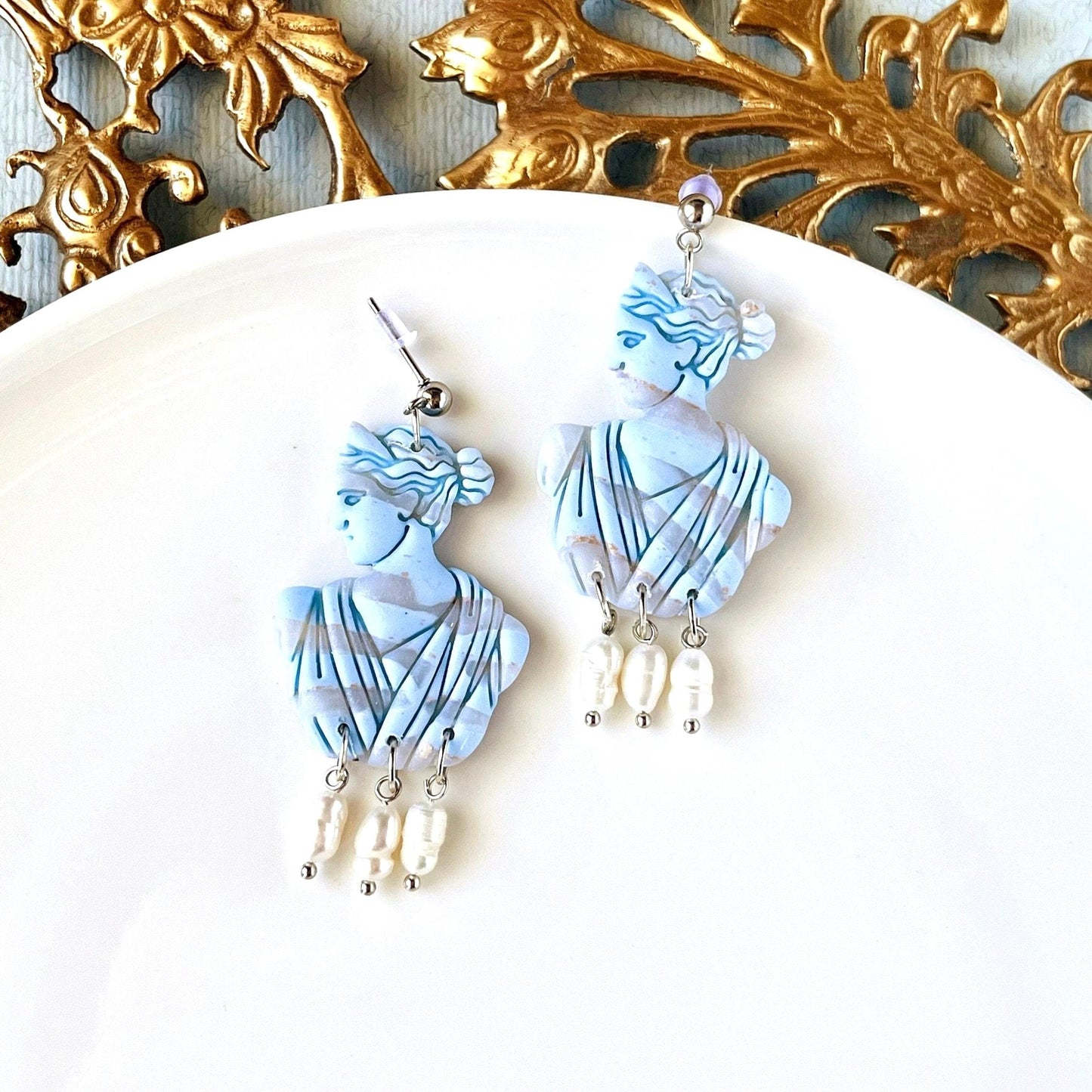 Greek Goddess Earrings, Artemis, Greek Unique Jewelry, Pearl, Gold Leaf, Greek Mythology, Greek Gifts for Women, Clay Jewelry