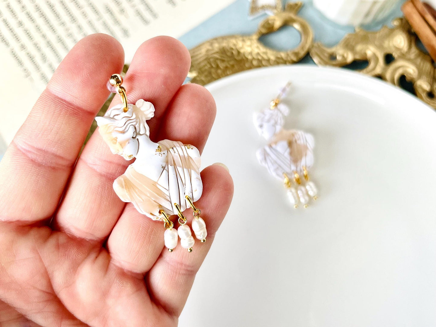 Greek Goddess Earrings, Artemis, Greek Unique Jewelry, Pearl, Gold Leaf, Greek Mythology, Greek Gifts for Women, Clay Jewelry