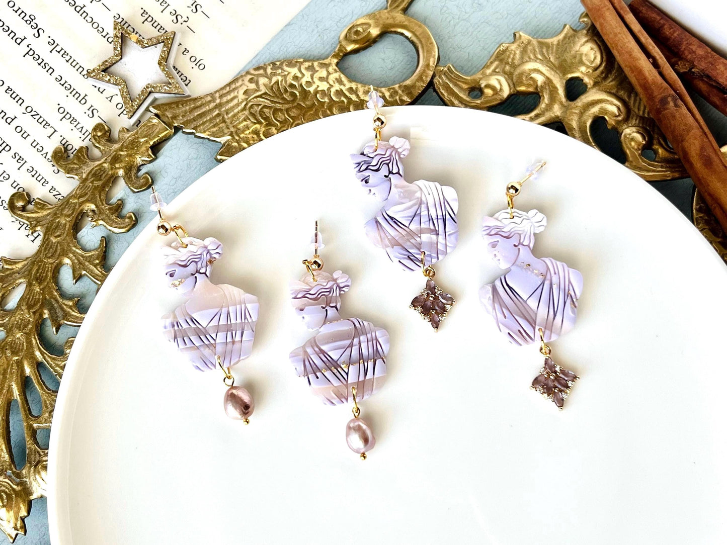 Greek Goddess Earrings, Artemis, Greek Unique Jewelry, Pearl, Gold Leaf, Greek Mythology, Greek Gifts for Women, Clay Jewelry