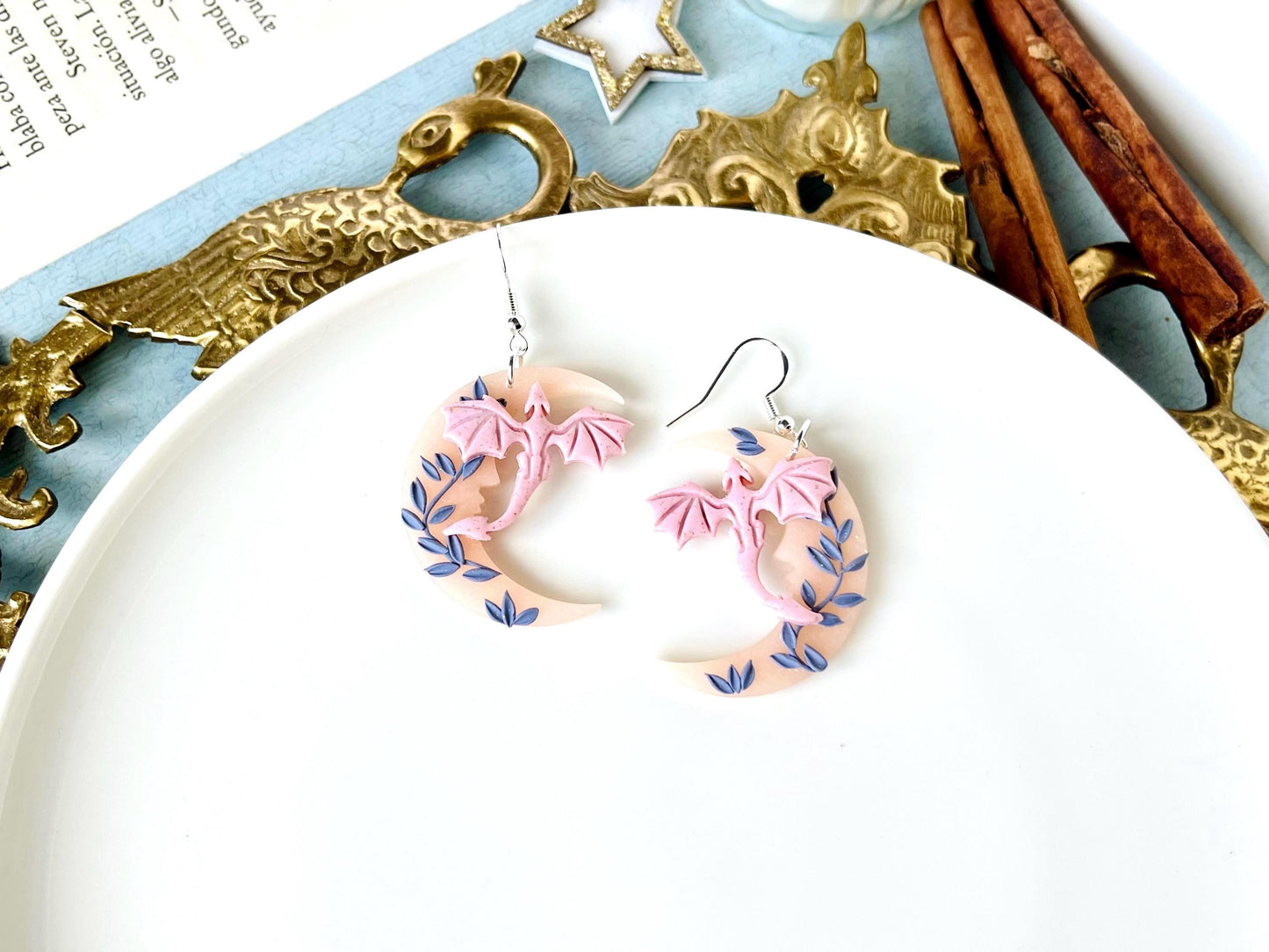 Moon Dragon Earrings, Polymer Clay Jewelry, Silver-Plated 925, Translucent, Dragon Gifts, Fantasy Gifts, Dragon Jewelry Gift, Moon Gift