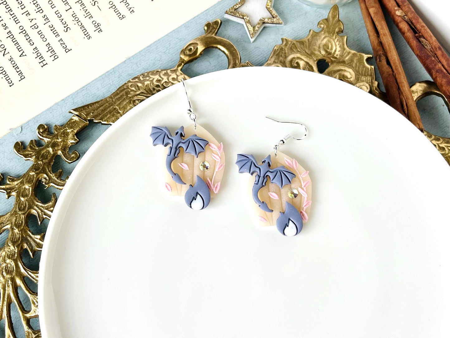 Dragon  Earrings, Polymer Clay Earrings, Dragon Jewelry, Fantasy Earrings, Dragon Gifts, Silver Plated 925,  Gnome Door, Book Lover Earrings