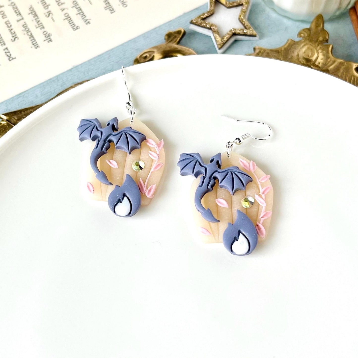 Dragon  Earrings, Polymer Clay Earrings, Dragon Jewelry, Fantasy Earrings, Dragon Gifts, Silver Plated 925,  Gnome Door, Book Lover Earrings