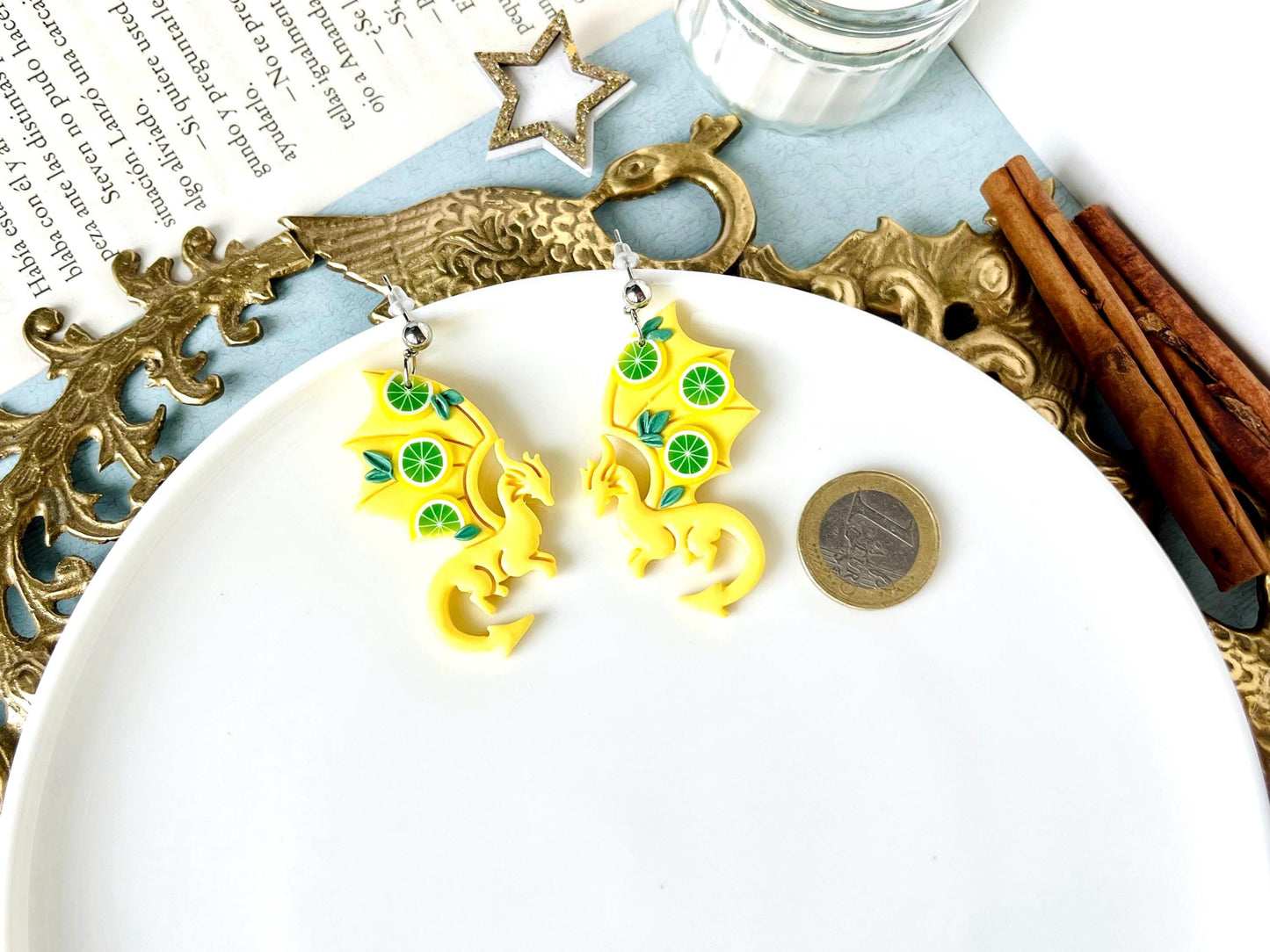 Lemon Dragon Earrings, Polymer Dragons, Funny Earrings, Lemon Slices, Dragon Gifts for Girls, Fantasy Earrings, Dragon Gifts for Her