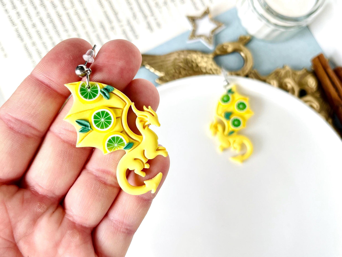 Lemon Dragon Earrings, Polymer Dragons, Funny Earrings, Lemon Slices, Dragon Gifts for Girls, Fantasy Earrings, Dragon Gifts for Her