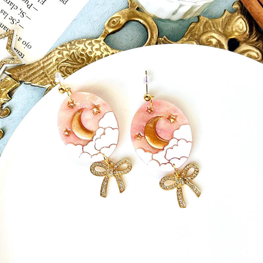 Celestial Cameo with Moons and Clouds, Original Polymer Clay Earrings, Bow, Translucent Celestial Gift. Cameo Gifts, Unique Celestial Gifts