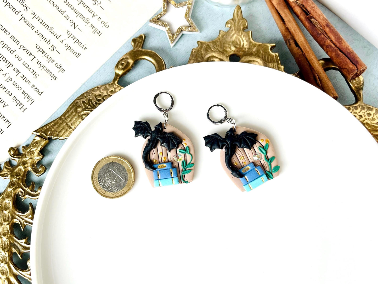 Dragon Book Earrings, Polymer Clay Jewelry, Magic Door, Bookish Dragon, 925 Silver Hook, Dragon Gifts, Book Lover Gifts