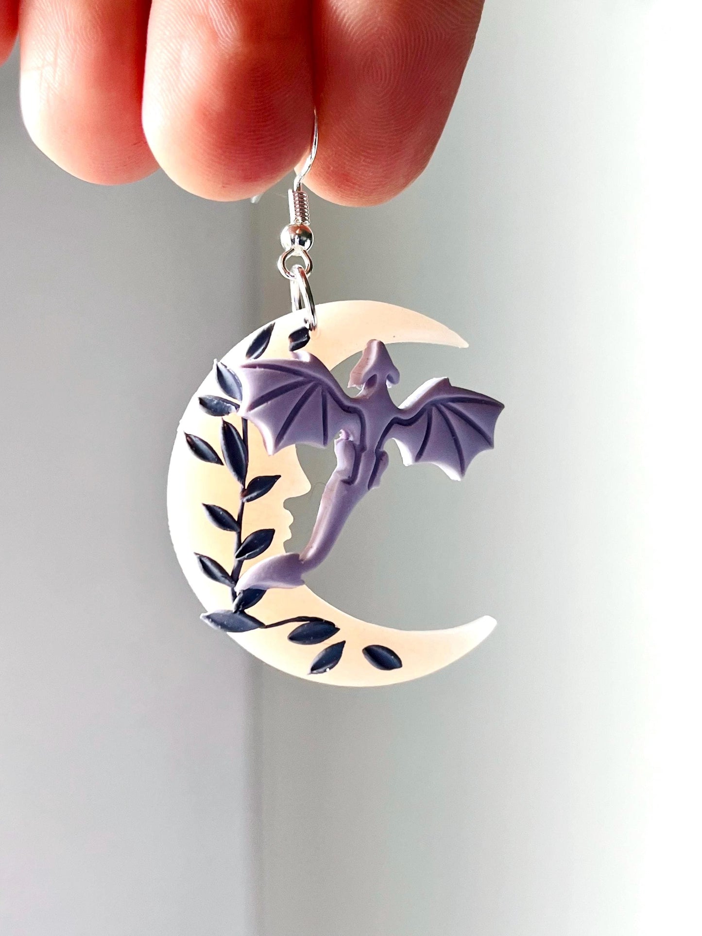 Moon Dragon Earrings, Polymer Clay Jewelry, Silver-Plated 925, Translucent, Dragon Gifts, Fantasy Gifts, Dragon Jewelry Gift, Moon Gift