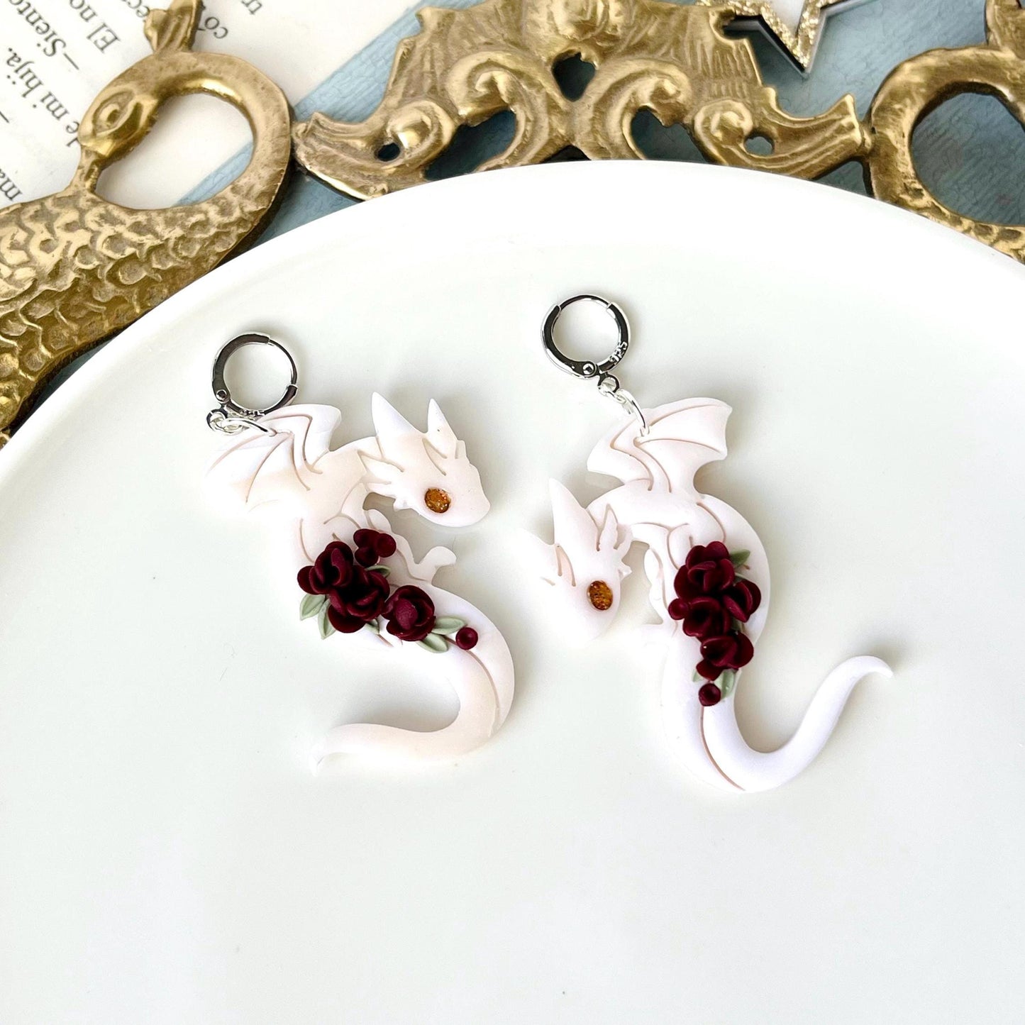 White Dragon Flowers, Clay Earrings, 925 Silver-Plated, Fantasy Gifts, Dragon Gifts, Dragon Lover Gifts, Dragon Girl, Original Gifts for Her