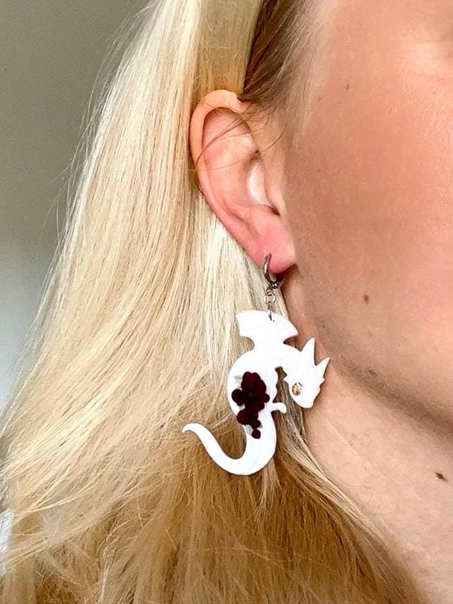 White Dragon Flowers, Clay Earrings, 925 Silver-Plated, Fantasy Gifts, Dragon Gifts, Dragon Lover Gifts, Dragon Girl, Original Gifts for Her