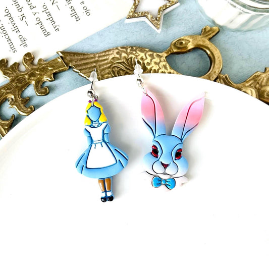 Alice Rabbit Earrings, Polymer Clay, Alice in Wonderland Earrings, Alice in Wonderland Gifts, Rabbit Gifts for Her, White Rabbit Jewelry