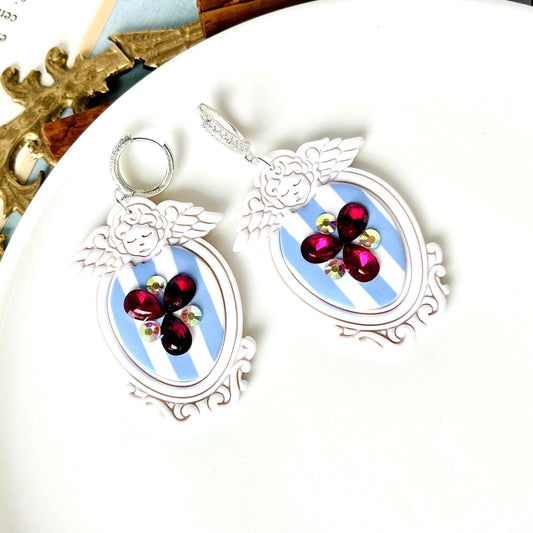 Angel Cameo Crystals, Large Polymer Clay Earrings, Victorian Style, Seraphim, Angel Frame, Gift for Her, Gift for Women