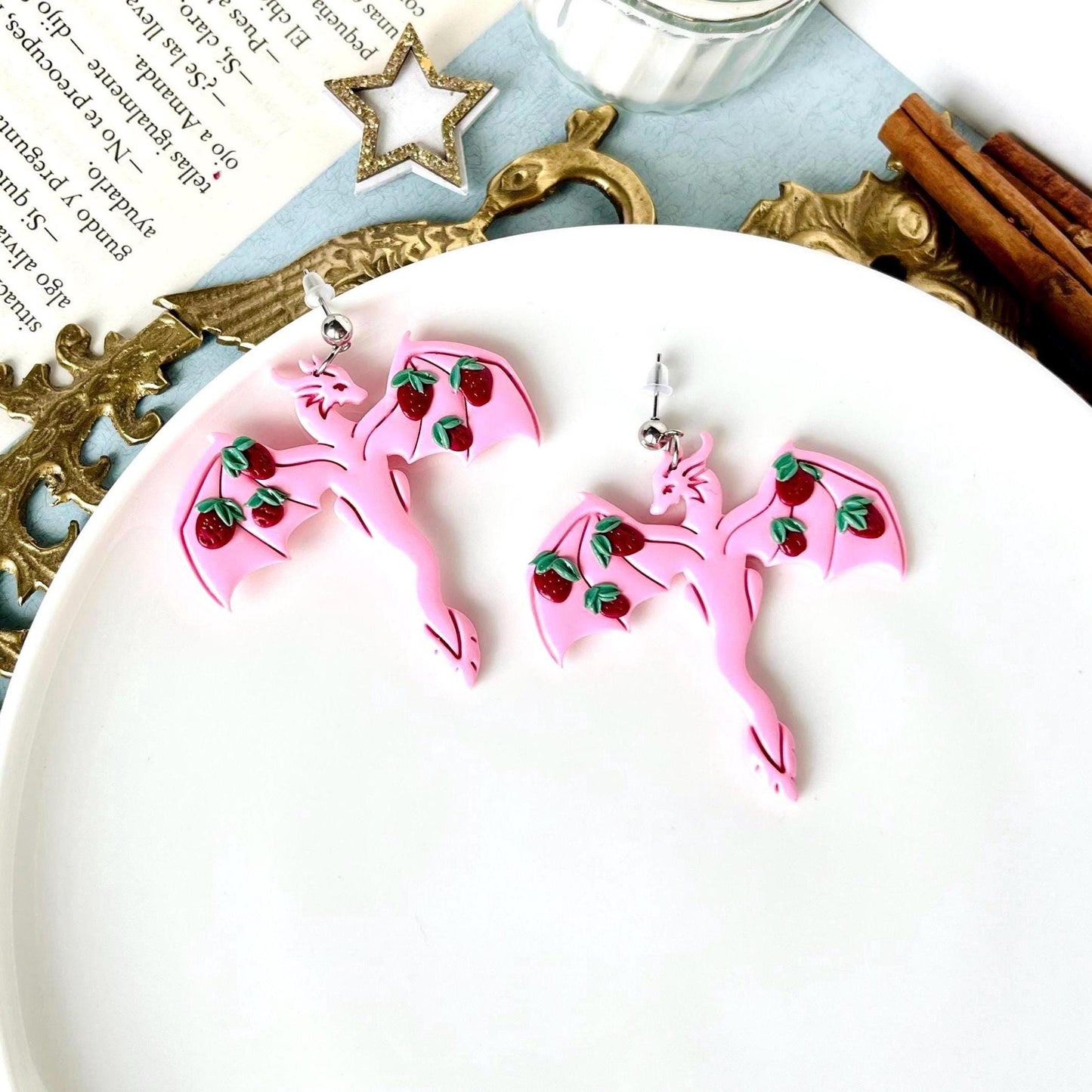 Fruit Dragon Clay Earrings, Strawberry Dragon, Polymer Dragons, Dragon Gifts for Women, Big Dragon Earrings, Dragon Gifts, Fantasy Jewelry