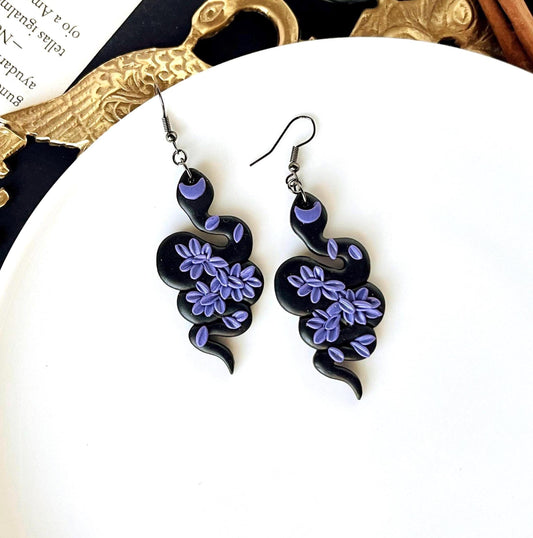 Snake Earrings, Floral Snake Jewelry, Dark Snake Earrings, Mystical Jewelry, Snake with Moon, Mystical Gift for Women