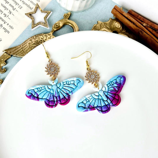 Big Moth Earrings, Colorful Clay Jewelry, Polymer Clay Jewelry, Original, Celestial Moth, Moth Gifts for Her