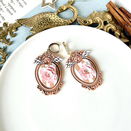 Angel Cameo Earrings, Victorian Frame Jewelry, Cherub Jewelry, Floral Cameo, Floral Frame, Original Clay Jewelry, Unique Gifts