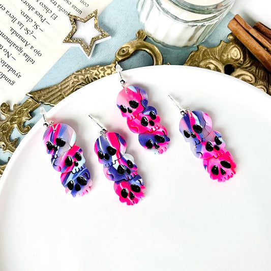 Skull Earrings, Polymer Clay, Neon Earrings, Funny Earrings Skulls, Skull Gift, Three Stacked Skulls