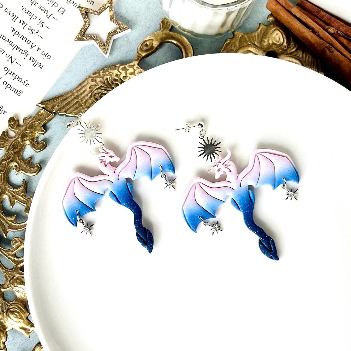 Big Dragon Earrings, Feathered Tail Dragon, Magical Creatures, Dragon with Stars, Dragon Lover Gifts, Big Dragon Jewelry, Dragon Gift