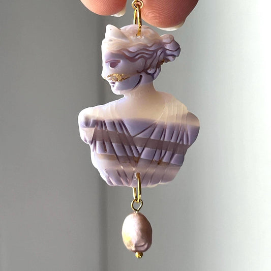 Greek Goddess Earrings, Artemis, Greek Unique Jewelry, Pearl, Gold Leaf, Greek Mythology, Greek Gifts for Women, Clay Jewelry