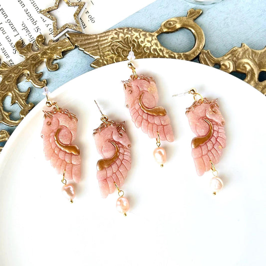 Pegasus Pearl Earrings, Winged Horse in Rose Gold, Natural Freshwater Pearl, Greek Mythology, Gift for Horse Lovers, Greek Gifts for He