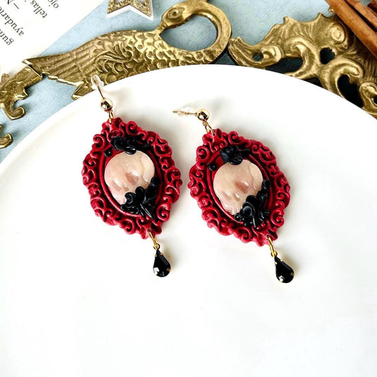 Skull Roses Cameo Earrings, Original Clay Jewelry, Gothic Cameo with Flowers, Skulls, Original Gothic Gift for Women