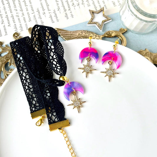 Moon Set Choker Earrings, Witchy Moon Earrings, Moon Velvet Choker, Polymer Clay Set, Witchy Gift, Moon Witchy Necklace, Set Gift