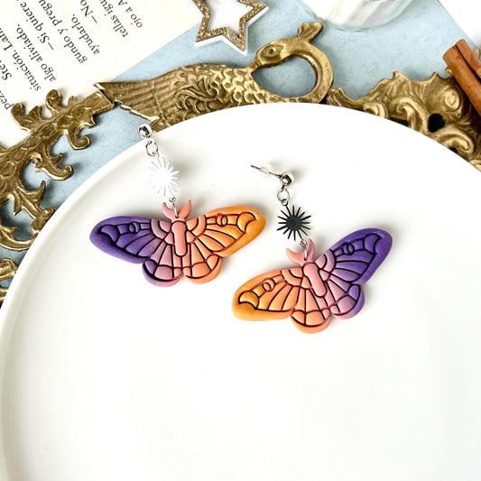 Large Moth Earrings, Polymer Clay, Butterfly Earrings, Nocturnal Insect Earrings, Celestial Moth, Moth Gift for Women