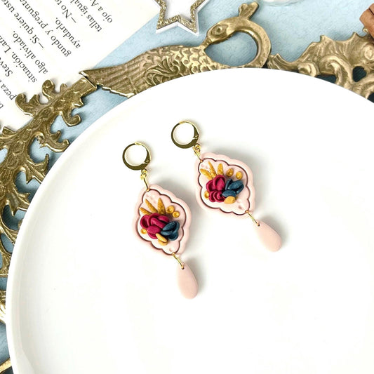 Floral Cameo Clay Earrings, Vintage Botanical Earrings, Polymer Clay Jewelry, Vintage Flower, Original Clay Gift for Women