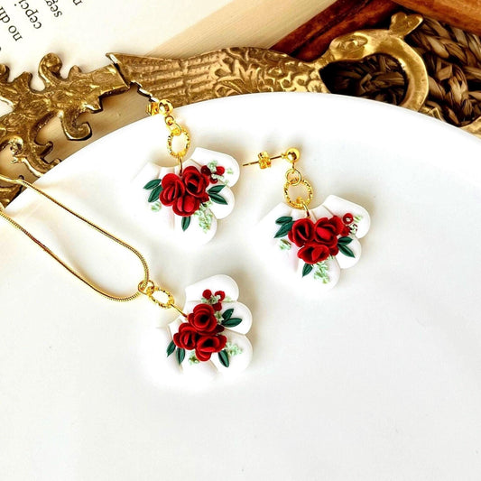 Floral Set Necklace Earring, Polymer Clay Floral Earrings, Floral Romantic Set, Floral Gifts for Women, Floral Necklace, Roses, Gift for Her