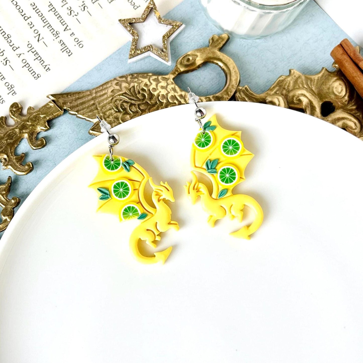 Lemon Dragon Earrings, Polymer Dragons, Funny Earrings, Lemon Slices, Dragon Gifts for Girls, Fantasy Earrings, Dragon Gifts for Her