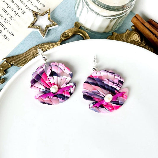 Shell Pearl Earrings, Polymer Clay Jewelry, Marble Shell Earrings, Pearl Gifts, Gift for Sea Lover, Shell Gifts for Women