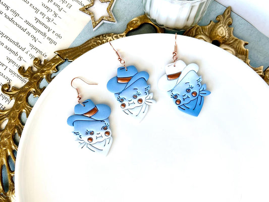 Kewpie Cowboy Earrings, Polymer Clay Jewelry, Kewpie, Original Gifts for Women, Unique Clay Jewelry, Kitsch Doll, Western, Retro Doll