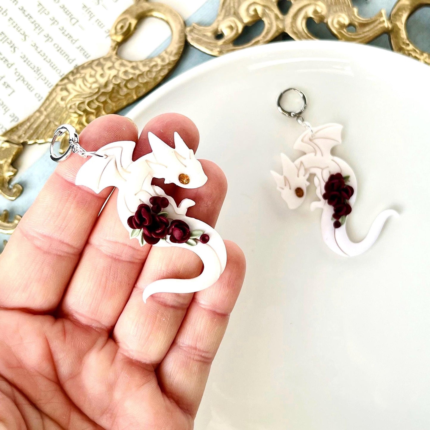 White Dragon Flowers, Clay Earrings, 925 Silver-Plated, Fantasy Gifts, Dragon Gifts, Dragon Lover Gifts, Dragon Girl, Original Gifts for Her