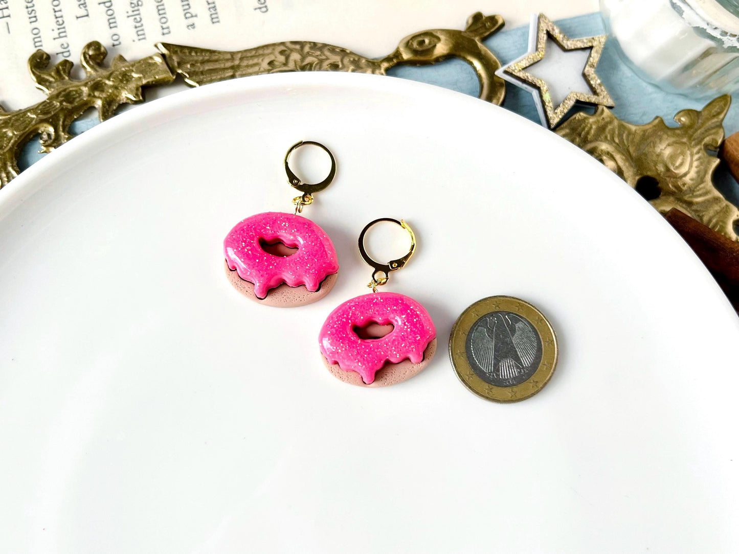 Sparkly Pink Donut Earrings, Polymer Clay Jewelry, Gift for Kids, Pink Chocolate Donut, Miniature Food Earrings, Fun Gift for Bestie