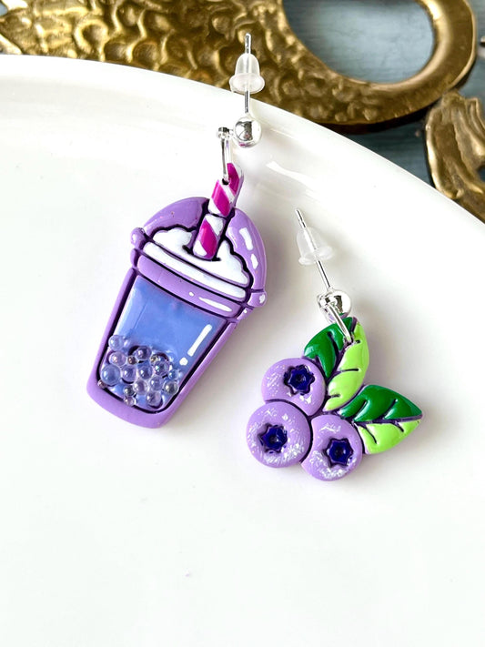 Milkshake Earrings with Blueberries, Polymer Clay Food Earrings, Mismatched Fun Jewelry, Miniature Food, 925 Silver-plated, Blueberry Gifts