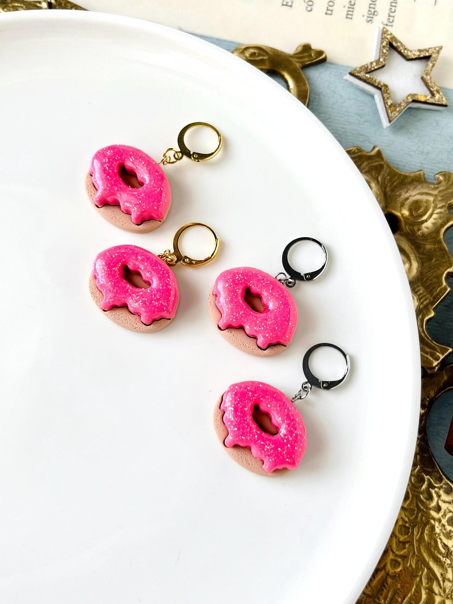 Sparkly Pink Donut Earrings, Polymer Clay Jewelry, Gift for Kids, Pink Chocolate Donut, Miniature Food Earrings, Fun Gift for Bestie