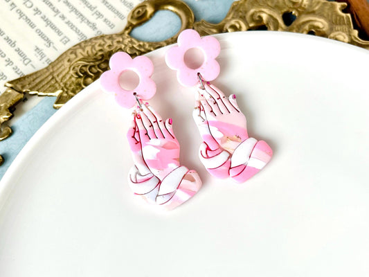 Praying Hands Earrings with Flowers, Polymer Clay Jewelry, Original Religious Jewelry, Modern Religious Gift, Catholic Earrings