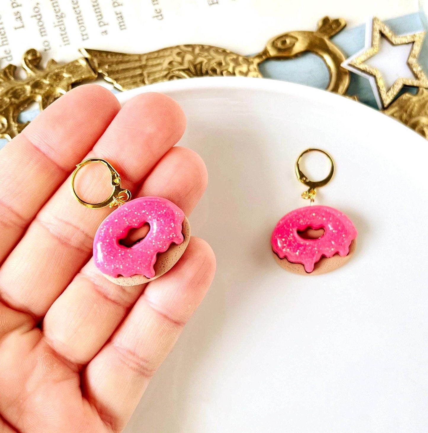 Sparkly Pink Donut Earrings, Polymer Clay Jewelry, Gift for Kids, Pink Chocolate Donut, Miniature Food Earrings, Fun Gift for Bestie