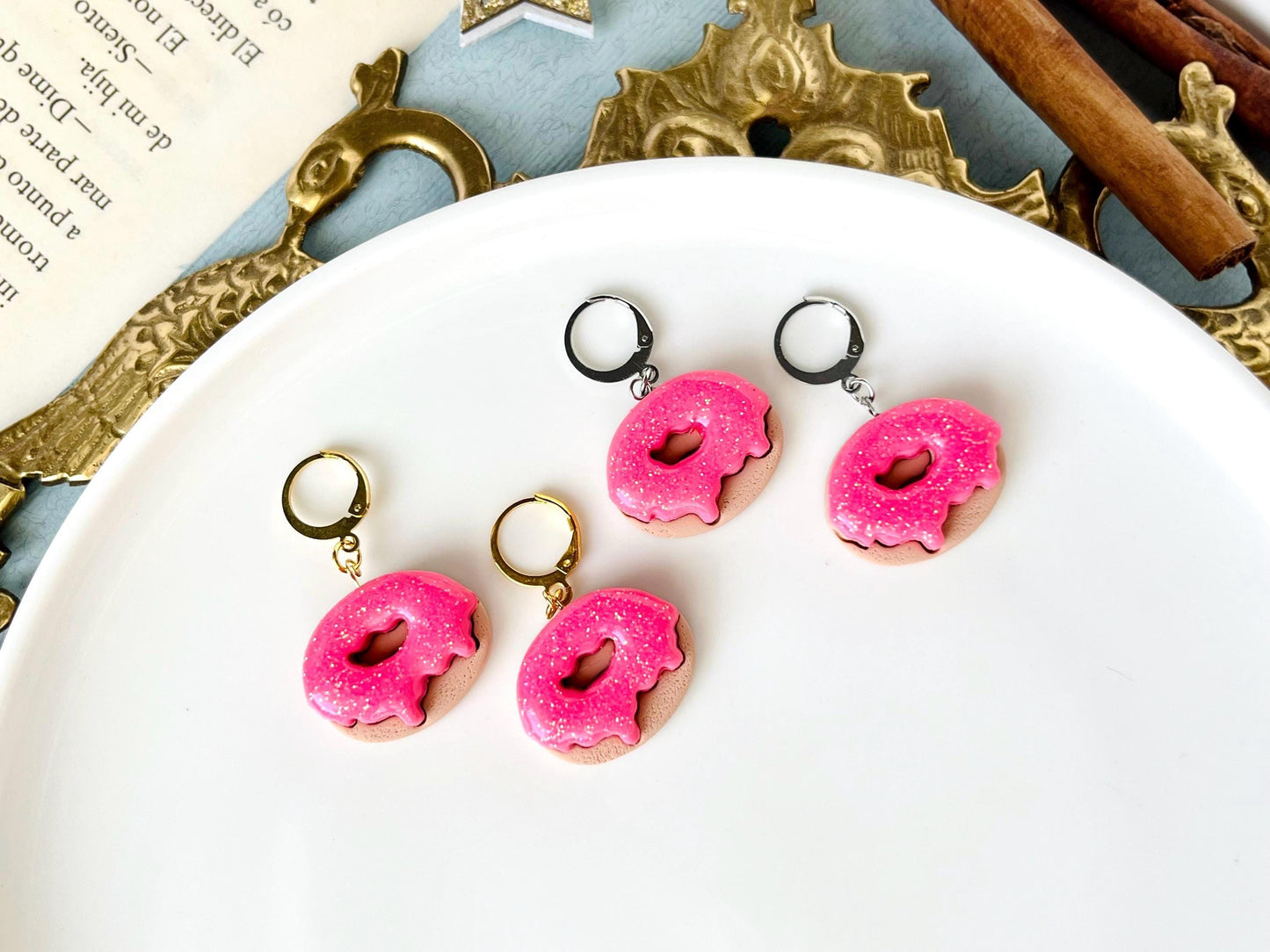 Sparkly Pink Donut Earrings, Polymer Clay Jewelry, Gift for Kids, Pink Chocolate Donut, Miniature Food Earrings, Fun Gift for Bestie